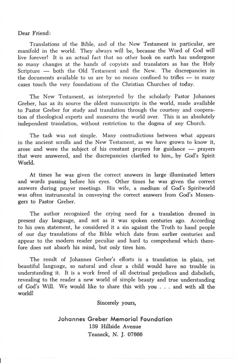 Formal letter page discussing Bible translations, signed by the Johannes Greber Memorial Foundation with its Teaneck, NJ address at the bottom.